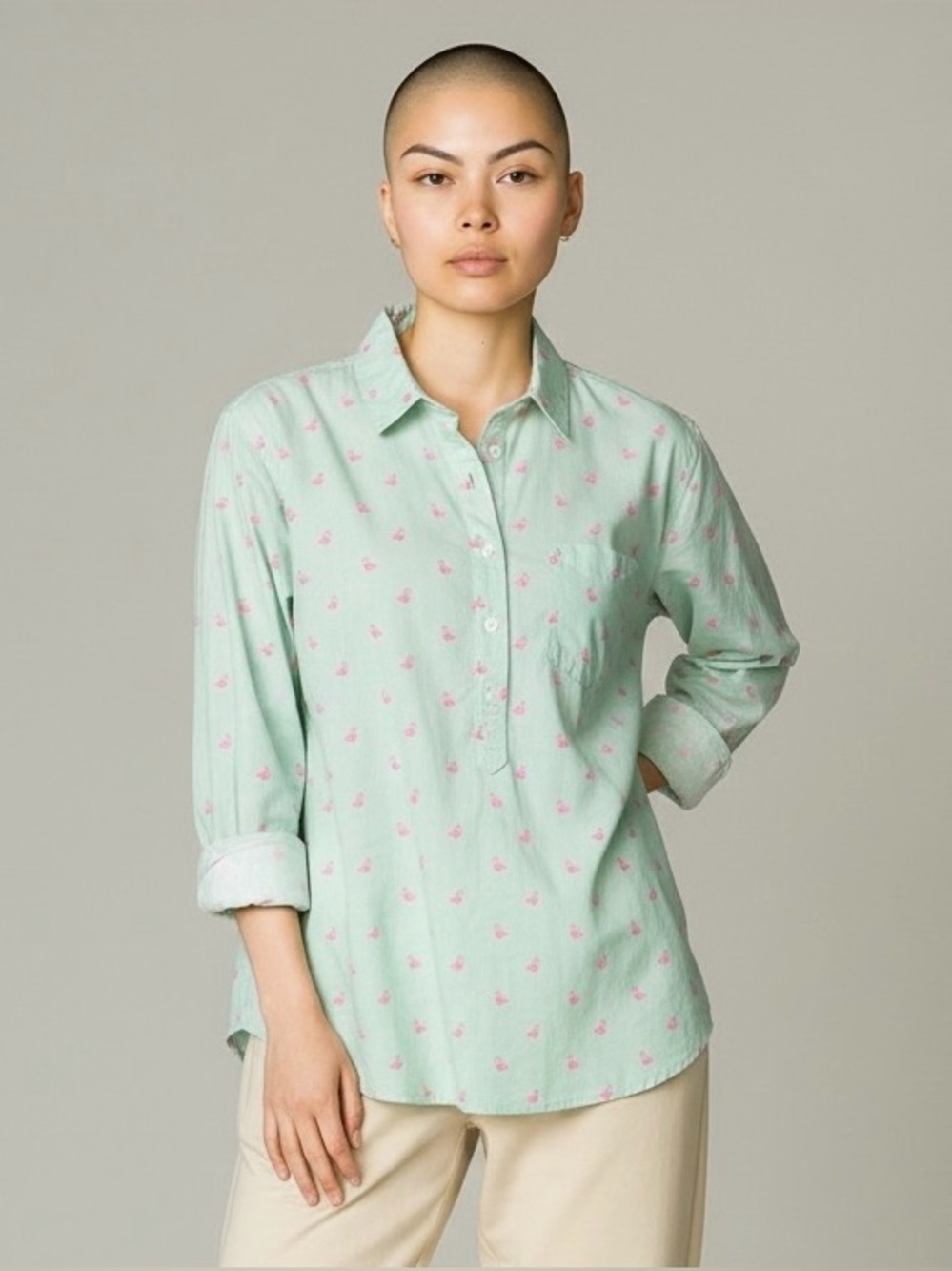 Merona Women’s XL Mint Green Flamingo Print Button Up Shirt Long Sleeve